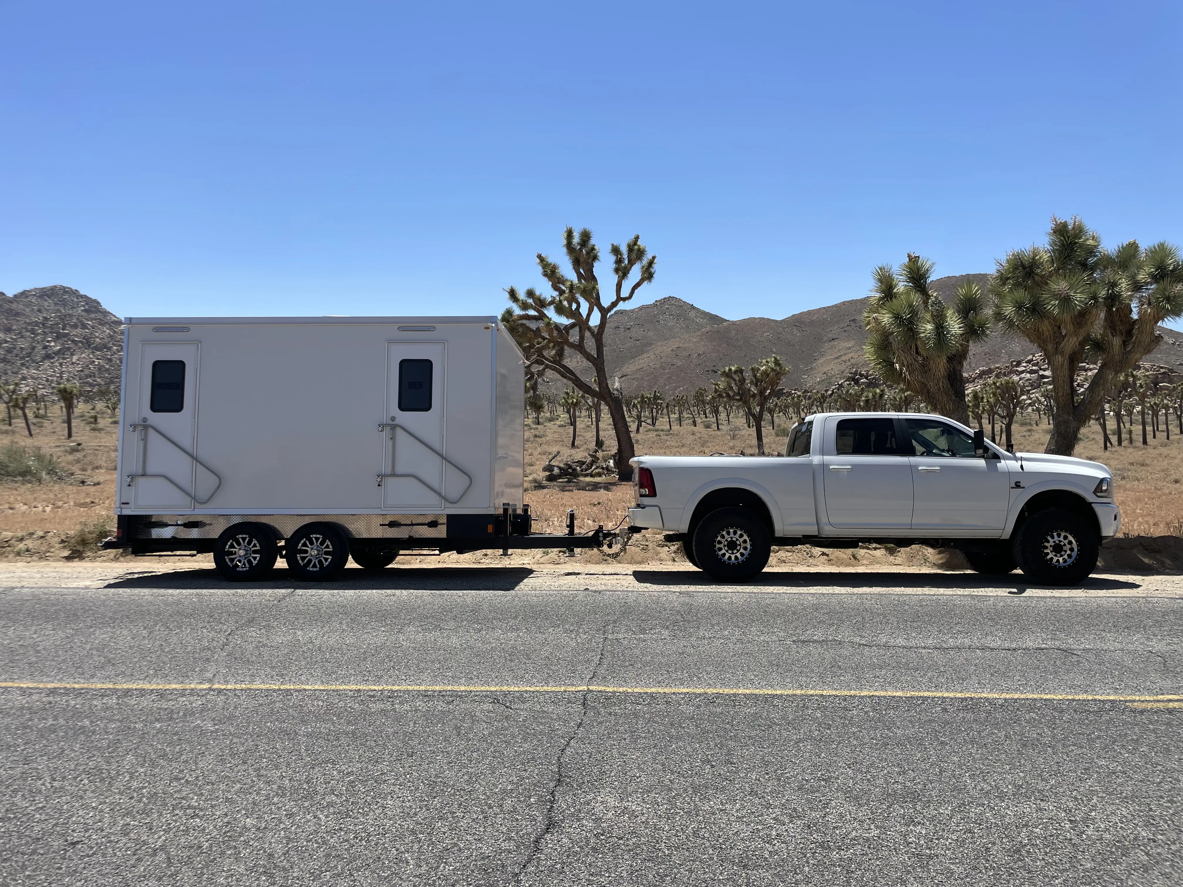 VIP Rentals delivering a luxury restroom trailer to a Joshua Tree, CA event