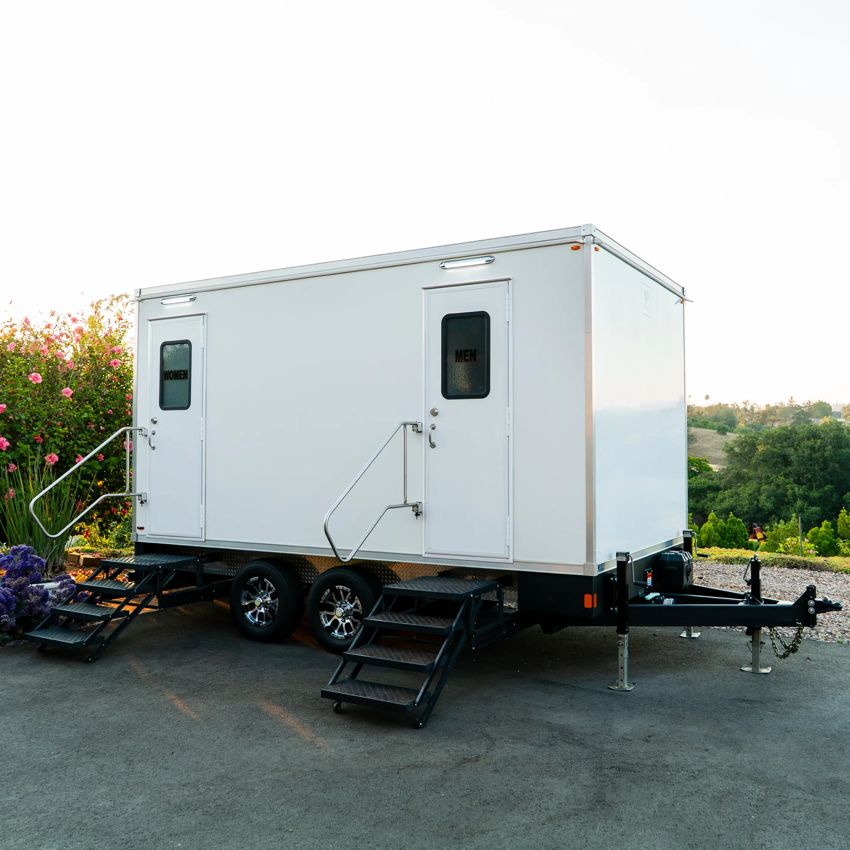 Exterior view of the five station restroom trailer rental.