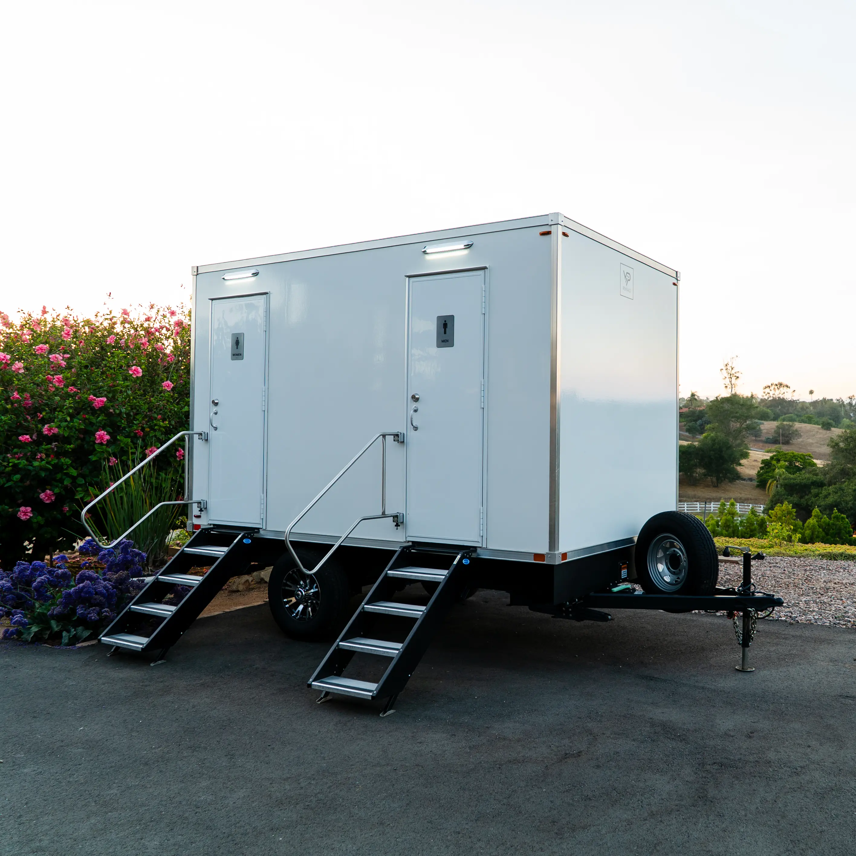 Exterior view of the four station restroom trailer rental.