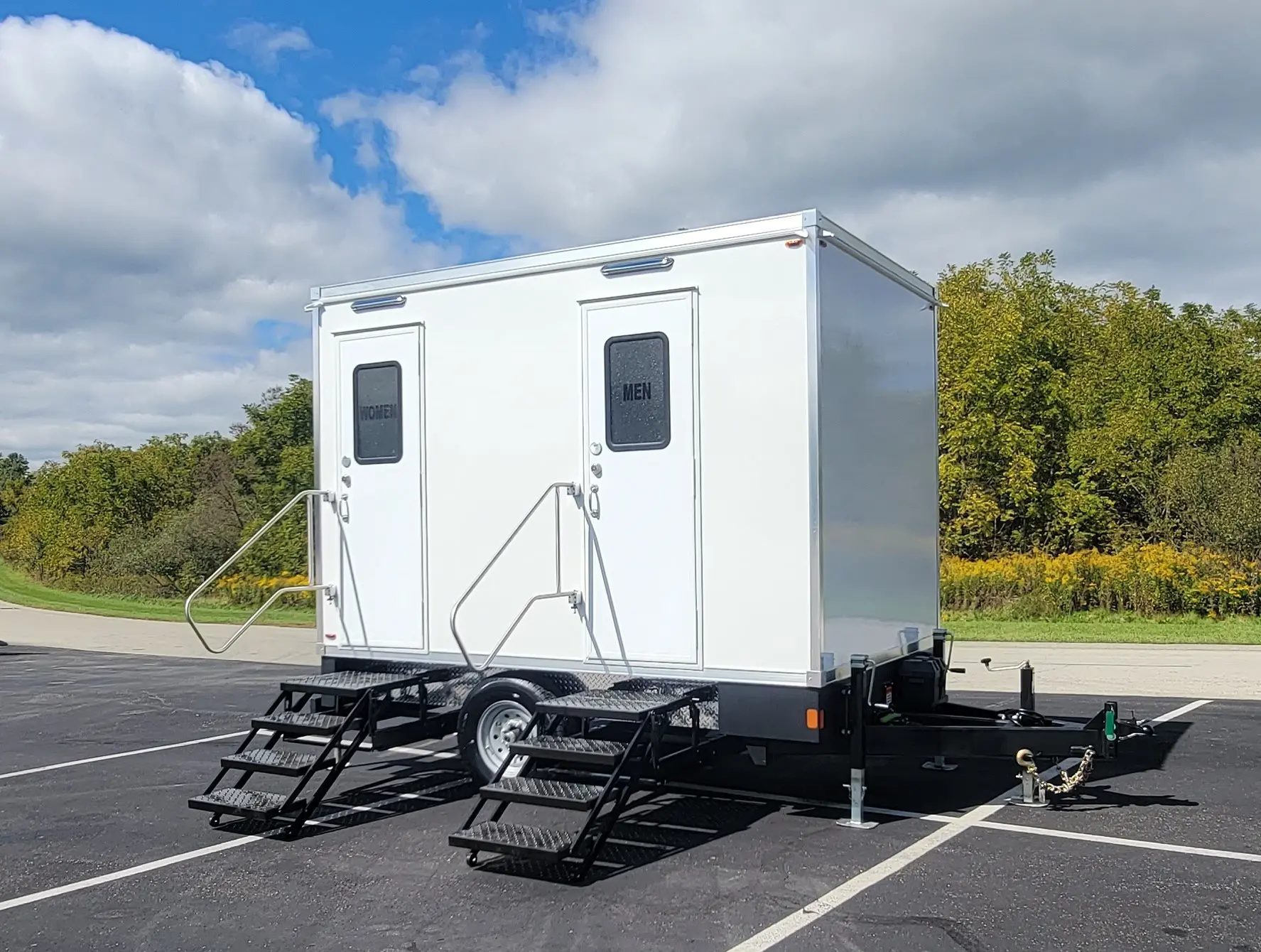 Exterior view of the 2-station restroom trailer rental