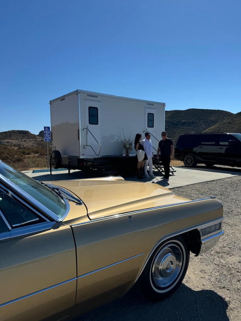 VIP Rentals, LLC luxury restroom trailer at a car event in Malibu, California